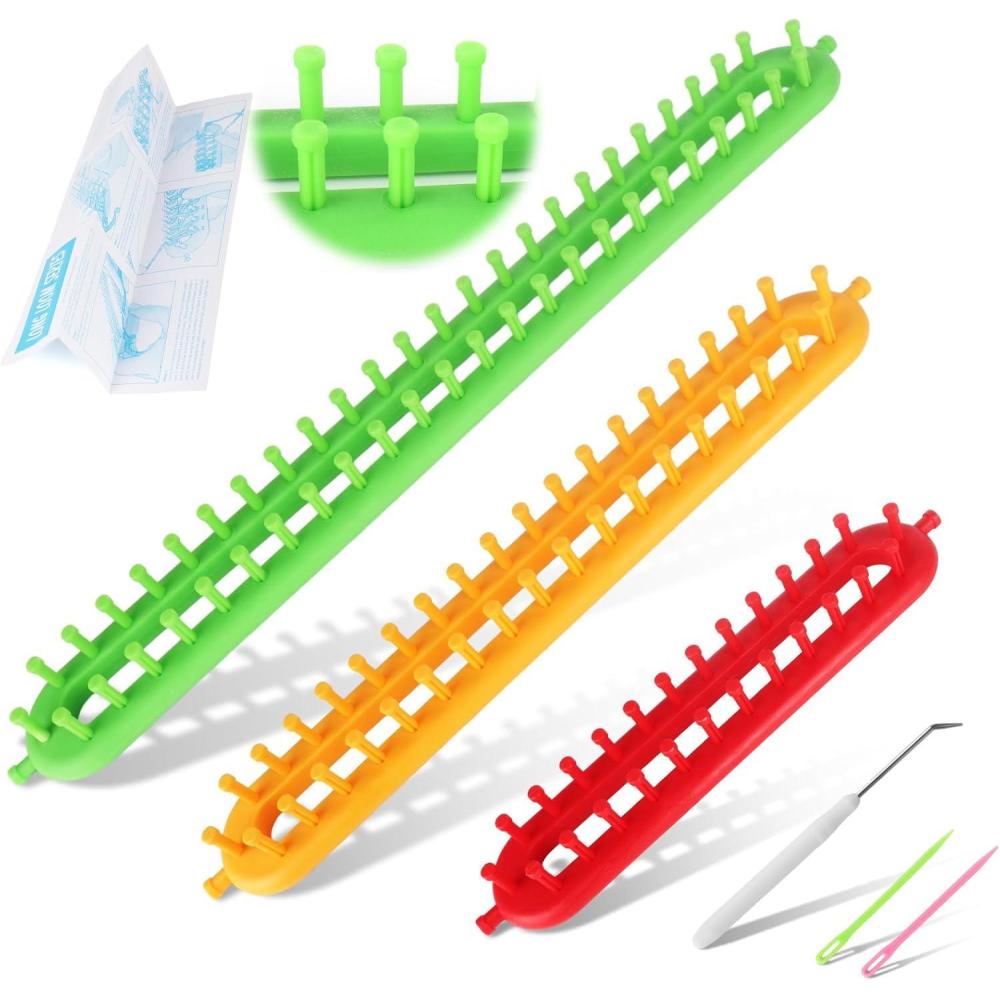 image:imageKatech 3 pcs Rectangle Knitting Looms Set Dense Pegs Loom Knitter Different Sizes Colorful Plastic Weaving Looms Set DIY Yarn Weaving Kits with a Crochet Hook and Needle Color is Random3pcs Set Sparse Pegs
