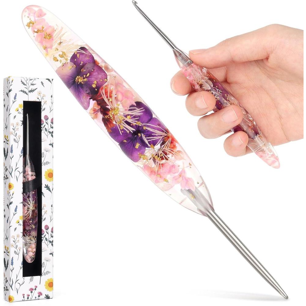image:imageKatech 50mm Crochet Hook for Arthritic Hands HandPolished Stainless Steel Ergonomic Crochet Hooks with Customized Sparkle Dried Floral Grip Soft Tapered HookCrochet Gift for Beginner amp Crocheter25mm