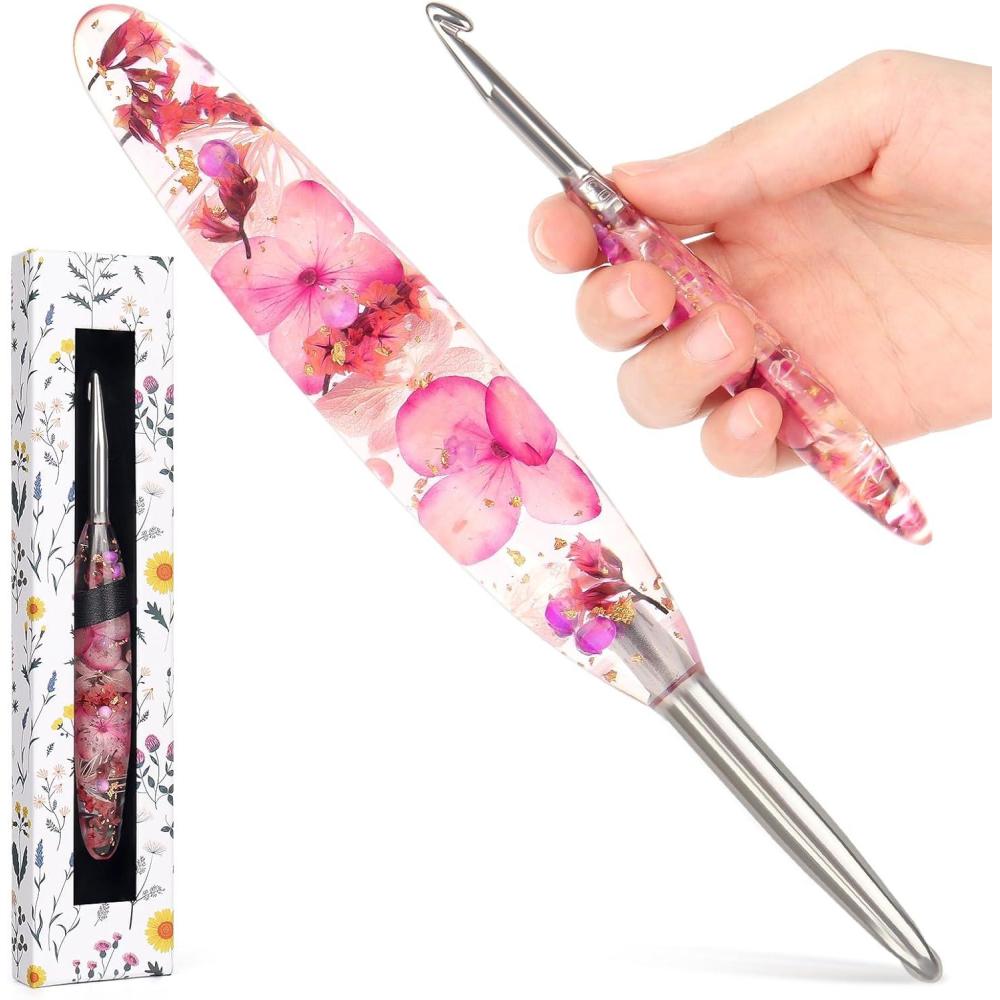 image:imageKatech 50mm Crochet Hook for Arthritic Hands HandPolished Stainless Steel Ergonomic Crochet Hooks with Customized Sparkle Dried Floral Grip Soft Tapered HookCrochet Gift for Beginner amp Crocheter65mm