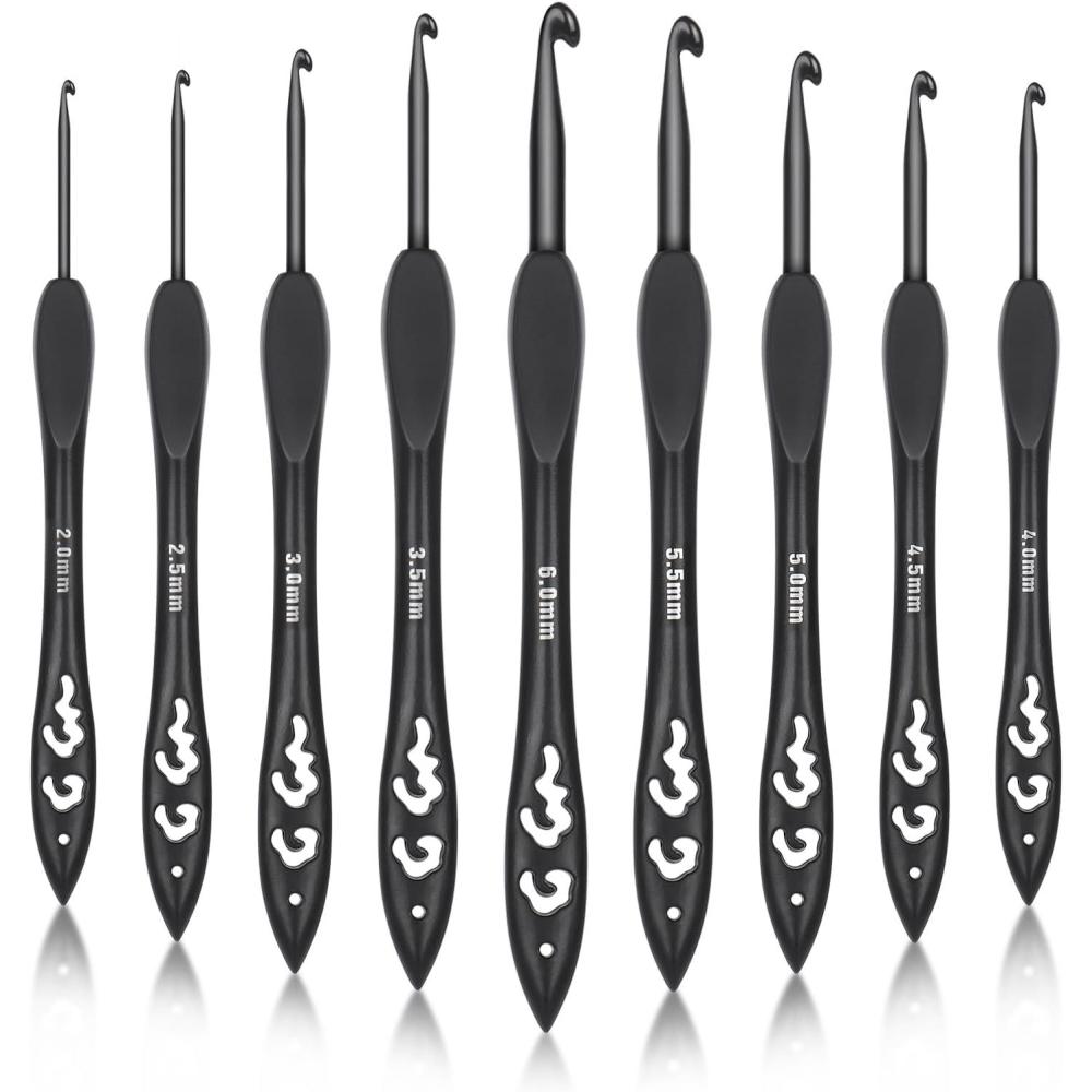 image:imageKatech 9 Sizes Crochet Hooks Ergonomic Soft Grip Aluminum Crochet Hook Set Black Plastic Crochet Needles for Arthritic Hands Beginners Kids Adults Ideal Crochet Lovers Gift 20mmB60mmJ20mmB60mmJ