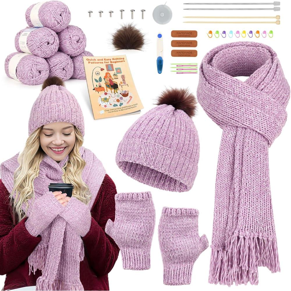 image:imageKatech Beginner Knitting Kit  Learn to Knit Kit for Adults amp Kids  Complete Hat Scarf Gloves Starter Kit with StepbyStep Instructionspurple