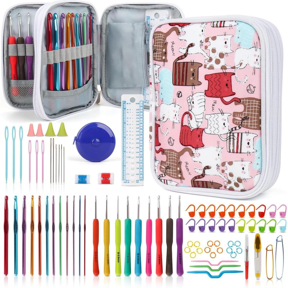 image:imageKatech Crochet Hooks Kit with Case 85Piece Crochet Hooks Set Ergonomic Crochet Hook Crochet Needles Weave Yarn Kits DIY Hand Knitting Art Tools for Beginners and Experienced LoversCats Pattern