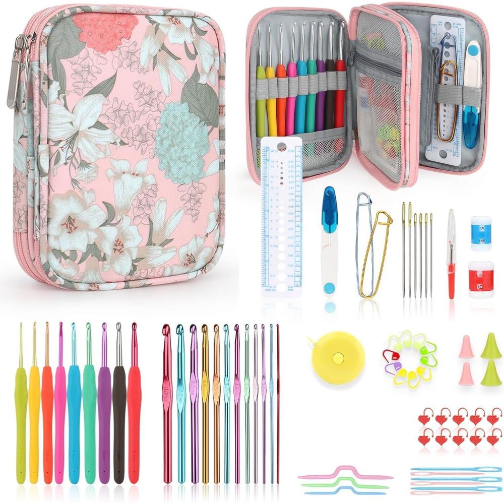 image:imageKatech Crochet Hooks Kit with Case 85Piece Crochet Hooks Set Ergonomic Crochet Hook Crochet Needles Weave Yarn Kits DIY Hand Knitting Art Tools for Beginners and Experienced LoversFlowers Pattern