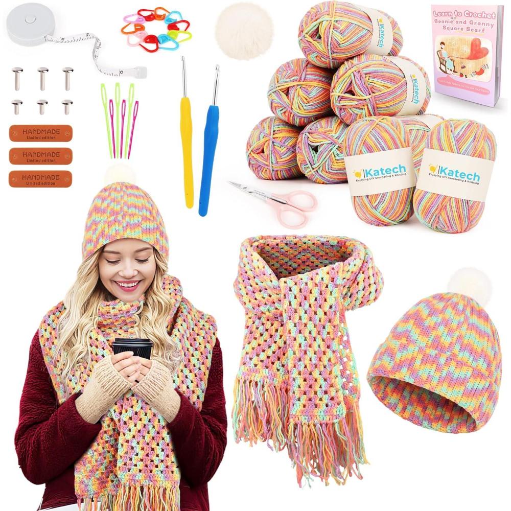 image:imageKatech Crochet Kit for BeginnerCrochet Kit for Adults  Complete Set Learn to Crochet Hat Scarf Knitting Starter Kit with StepbyStep Instructions 6 Crocheting Yarn Bluemacaron