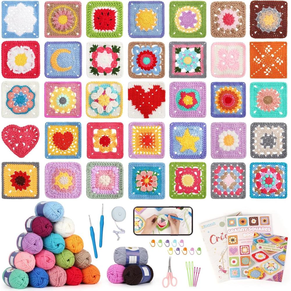 image:imageKatech Crochet Kit for Beginners 50 Granny Squares Crochet Kits for Adults Beginner Learn to Crochets wStepbyStep Video Tuturials Knitting Kit w1378yds Yarn Granny Square Card Deck 80 CottonBluepurple gradient