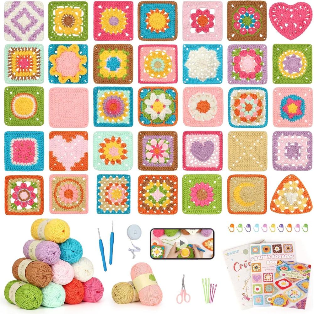 image:imageKatech Crochet Kit for Beginners 50 Granny Squares Crochet Kits for Adults Beginner Learn to Crochets wStepbyStep Video Tuturials Knitting Kit w1378yds Yarn Granny Square Card Deck 80 CottonBrownorange gradient