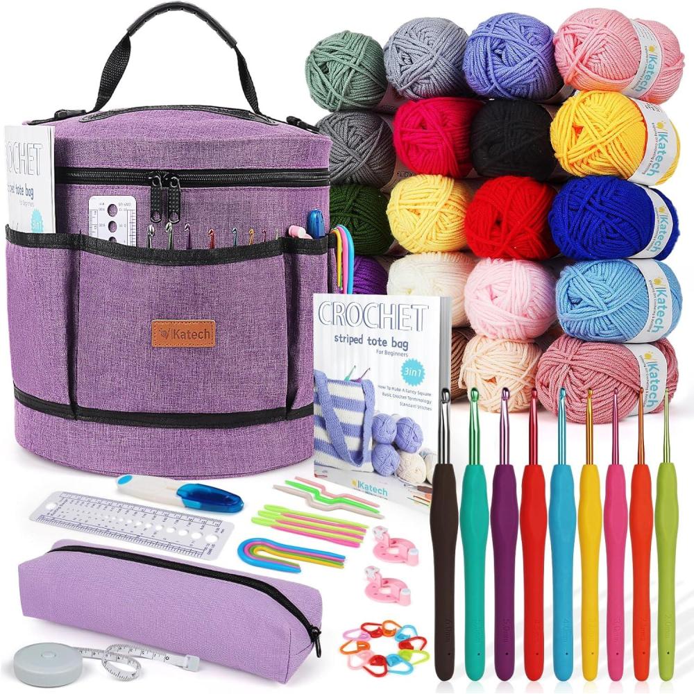 image:imageKatech Crochet Kit for Beginners Beginner Crochet Kit for AdultsCrochet Kits Includes Crochet Hooks Knitting Bag Crochet Yarn for Crocheting Instruction Knitting Kit Crochet Supplies Giftpurple