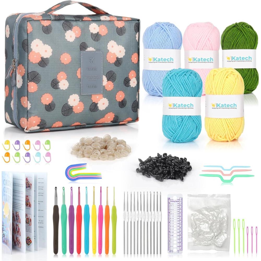 image:imageKatech Crochet Kit for Beginners Beginner Crochet Kit for AdultsCrochet Kits Includes Crochet Hooks Knitting Bag Crochet Yarn for Crocheting Instruction Knitting Kit Crochet Supplies GiftLittle Blue Flower
