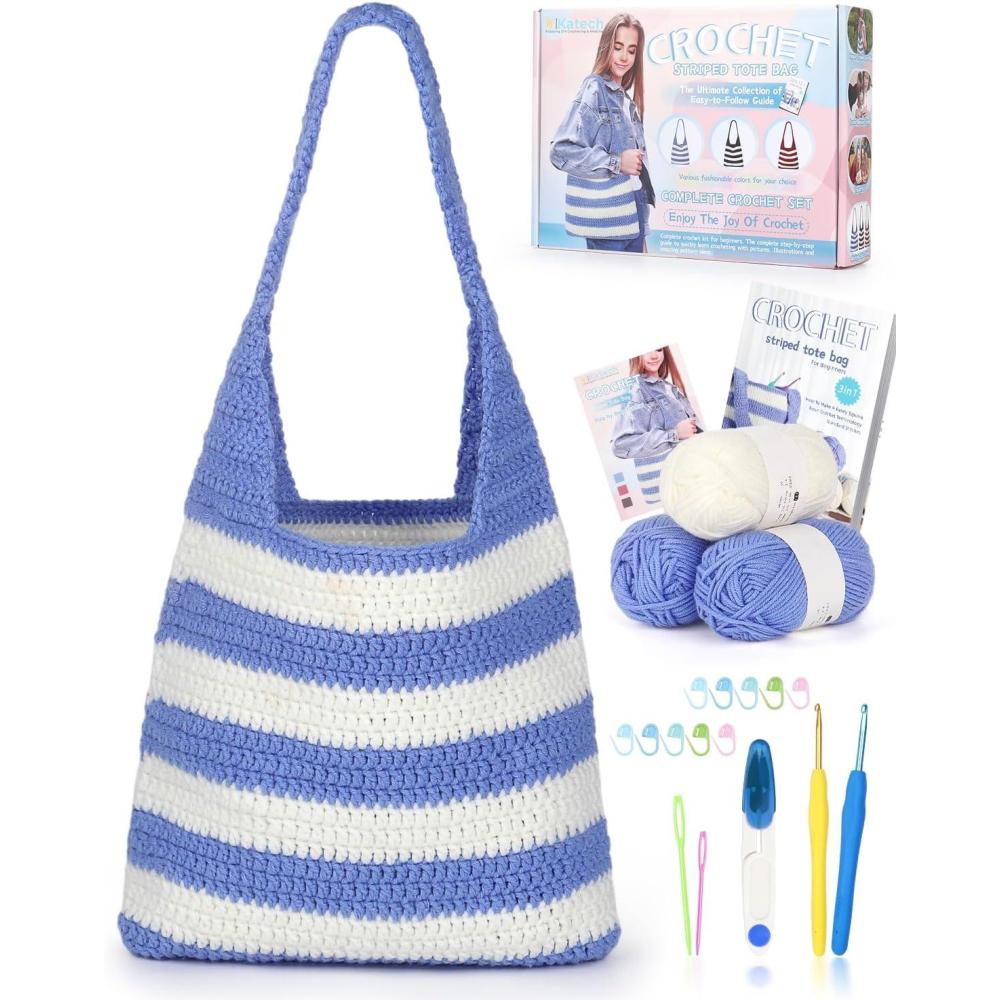 image:imageKatech Crochet Kit for Beginners Striped Tote Bag Crochets Set Includes Yarn Crochet Hooks Complete Crochets StepbyStep Guide Needles Accessories Adults Crocheted Starter Kit Crocheter GiftBlue White