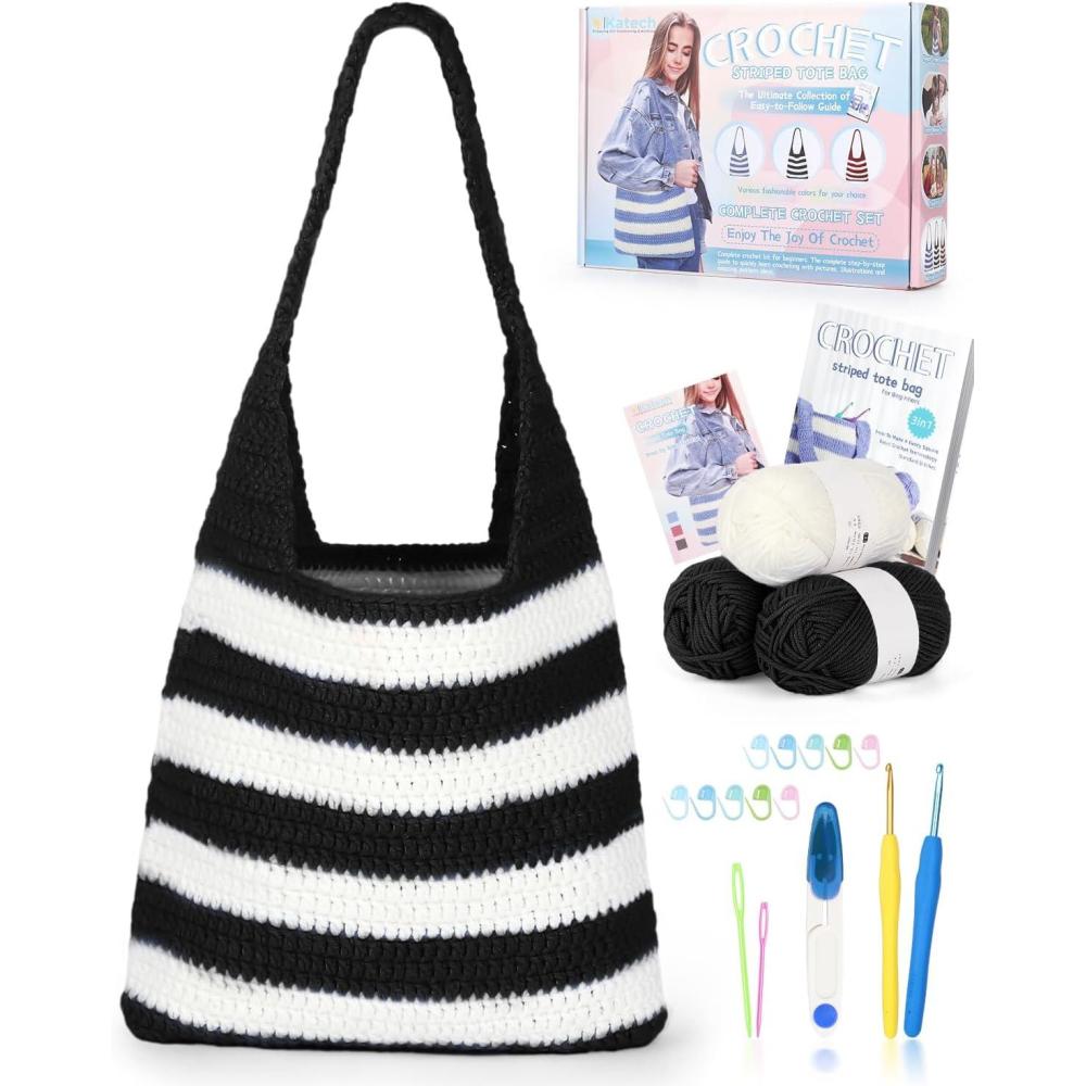 image:imageKatech Crochet Kit for Beginners Striped Tote Bag Crochets Set Includes Yarn Crochet Hooks Complete Crochets StepbyStep Guide Needles Accessories Adults Crocheted Starter Kit Crocheter GiftBlack White