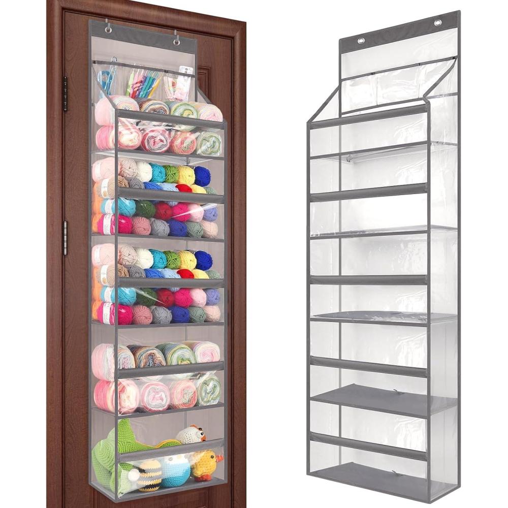 image:imageKatech Hanging Yarn Storage Organizer Large Capacity Knitting Organizer Storage with 5 Transparent Compartments 3 Pocket for Yarns Enthusiasts Over The Door Storage Bag for Crochet Hooks Yarn Balls