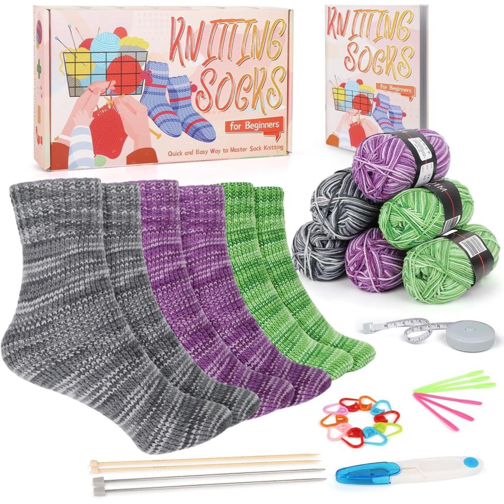 image:imageKatech Knitting Kit for Beginner Adults 6 Pcs Socks Yarn for Knitting Kit WStepbyStep Instruction and Knitting Needles Knitting Starter Kit for LearntoKnit Craft Kits for Adults Giftgraypurplegreen