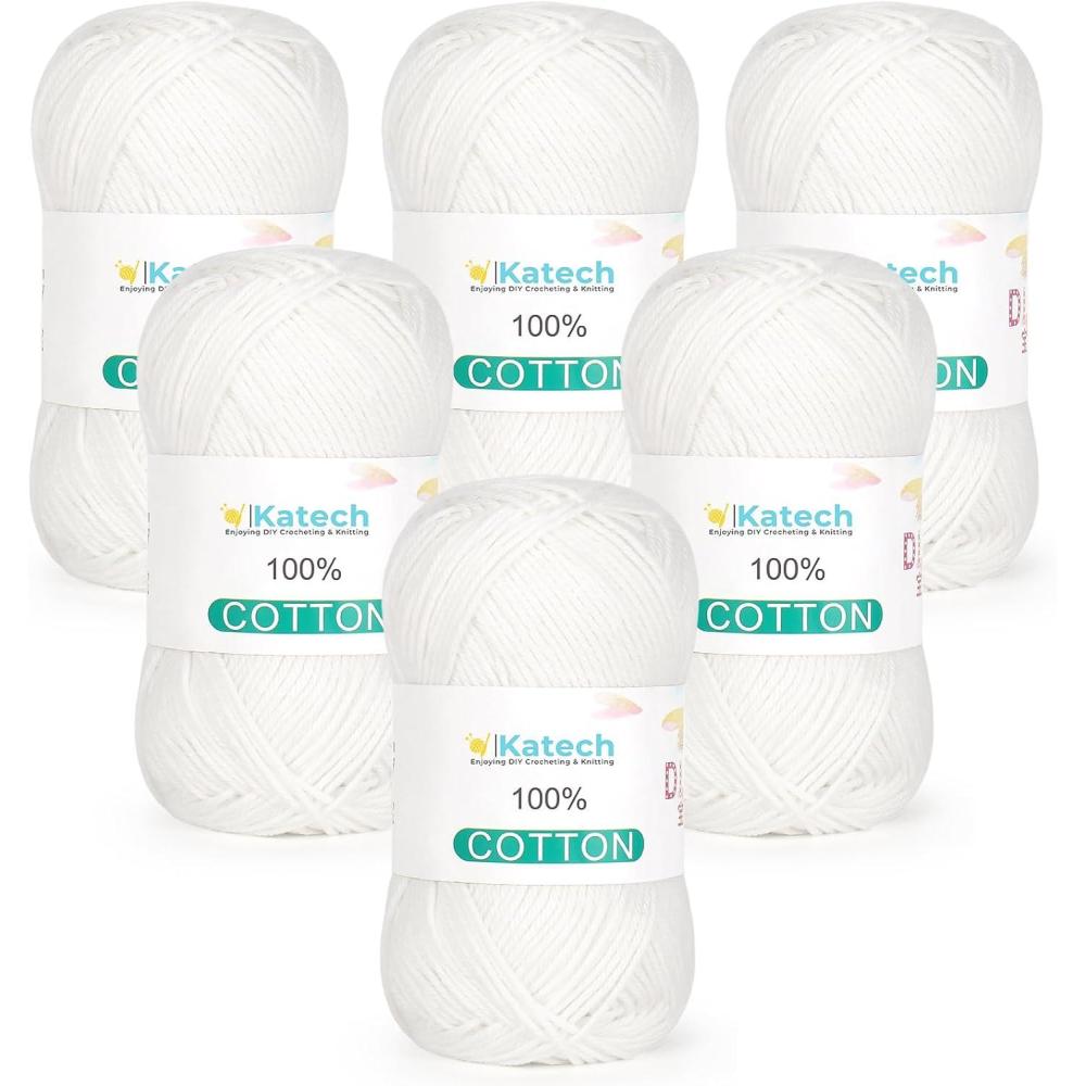 image:imageKatech Pure Cotton Yarn for Crocheting amp KnittingSoft Sport Weight CYC 2 6 Skeins 50g Each 300g Total Ideal Crochet Yarn for Dishcloths Baby Clothes Socks Lightweight ScarvesSoft WhiteSoft White