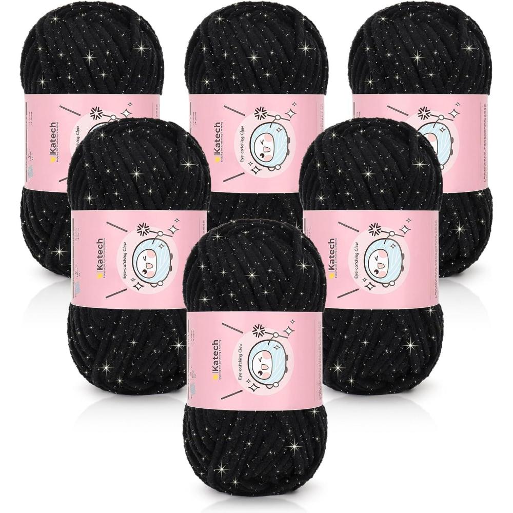image:imageKatech Velvet Chenille Yarn for Crocheting6 Pack of 50g176oz4 Medium Worsted Sparkle Chenille Yarn for Knitting Fluffy Plush Baby Yarns for Blankets Stuffed Animals ScarvesBright YellowDeep Black