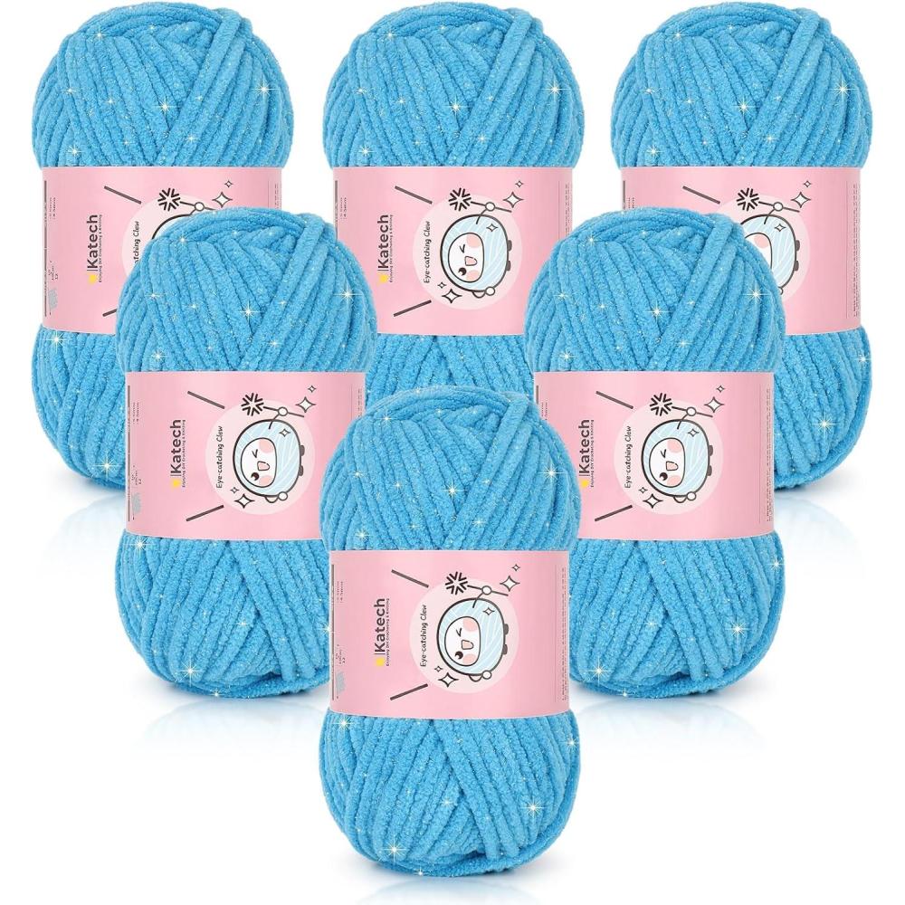 image:imageKatech Velvet Chenille Yarn for Crocheting6 Pack of 50g176oz4 Medium Worsted Sparkle Chenille Yarn for Knitting Fluffy Plush Baby Yarns for Blankets Stuffed Animals ScarvesBright YellowLight Blue