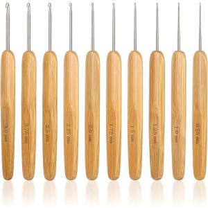 Katech 10 pcs Crochet Hooks Ergonomic Crochet Needles Bamboo Wooden Handle Small Size Crochet Hook (0.75-3.0 mm) Knit Weave Yarn Craft DIY Sewing Tools for Fine Work, Thin Yarn and Lace Knitting