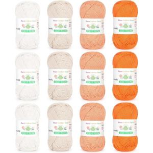 Katech 1OO% Cotton Yarn for Crocheting & Knitting–12-Color of 137 Yards/1.76 oz Baby Cotton Yarn Sport Weight CYC #2-Soft & Breathable-Ideal for Dishcloths, Baby Clothes, Potholders(F)