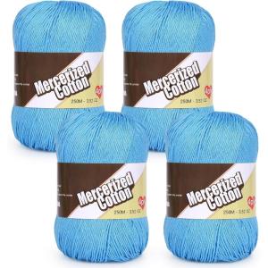 Katech 1OO% Mercerized Cotton Yarn for Crocheting & Knitting–Soft Sport Weight CYC #2, 4 Pcs 3.52 Oz (100g)/273 Yd (250m), Ideal Crochet Yarn for Blankets, Clothes, Opera Cape, Bags, Dishcloth (A)(Light blue)
