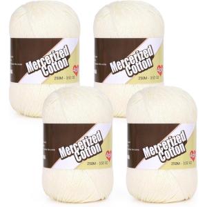 Katech 1OO% Mercerized Cotton Yarn for Crocheting & Knitting–Soft Sport Weight CYC #2, 4 Pcs 3.52 Oz (100g)/273 Yd (250m), Ideal Crochet Yarn for Blankets, Clothes, Opera Cape, Bags, Dishcloth (A)(Cream)