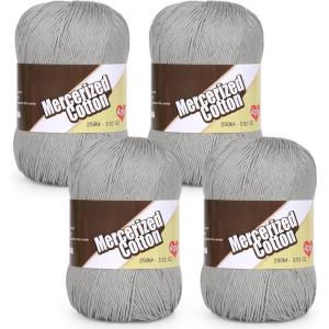 Katech 1OO% Mercerized Cotton Yarn for Crocheting & Knitting–Soft Sport Weight CYC #2, 4 Pcs 3.52 Oz (100g)/273 Yd (250m), Ideal Crochet Yarn for Blankets, Clothes, Opera Cape, Bags, Dishcloth (A)(White gray)