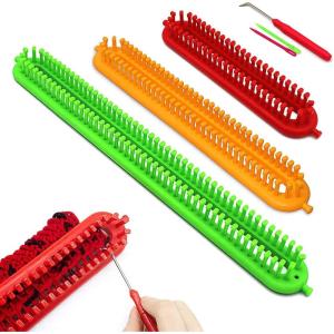 Katech 3 pcs Rectangle Knitting Looms Set Dense Pegs Loom Knitter Different Sizes Colorful Plastic Weaving Looms Set DIY Yarn Weaving Kits with a Crochet Hook and Needle (Color is Random)(3pcs Set (Dense Pegs))