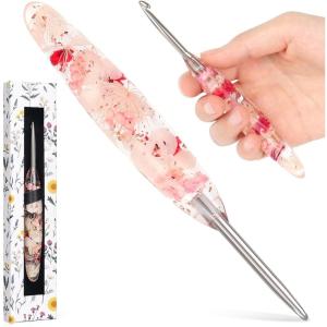 Katech 5.0mm Crochet Hook for Arthritic Hands, Hand-Polished Stainless Steel Ergonomic Crochet Hooks with Customized Sparkle Dried Floral Grip, Soft Tapered Hook-Crochet Gift for Beginner & Crocheter(5.0mm)