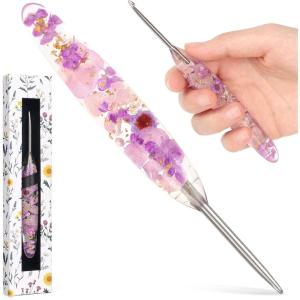 Katech 5.0mm Crochet Hook for Arthritic Hands, Hand-Polished Stainless Steel Ergonomic Crochet Hooks with Customized Sparkle Dried Floral Grip, Soft Tapered Hook-Crochet Gift for Beginner & Crocheter(3.5mm)