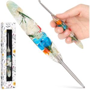 Katech 5.0mm Crochet Hook for Arthritic Hands, Hand-Polished Stainless Steel Ergonomic Crochet Hooks with Customized Sparkle Dried Floral Grip, Soft Tapered Hook-Crochet Gift for Beginner & Crocheter(4.0mm)