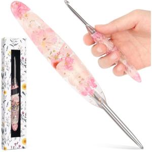 Katech 5.0mm Crochet Hook for Arthritic Hands, Hand-Polished Stainless Steel Ergonomic Crochet Hooks with Customized Sparkle Dried Floral Grip, Soft Tapered Hook-Crochet Gift for Beginner & Crocheter(4.5mm)