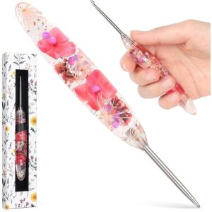 Katech 5.0mm Crochet Hook for Arthritic Hands, Hand-Polished Stainless Steel Ergonomic Crochet Hooks with Customized Sparkle Dried Floral Grip, Soft Tapered Hook-Crochet Gift for Beginner & Crocheter(3.0mm)