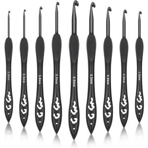 Katech 9 Sizes Crochet Hooks, Ergonomic Soft Grip Aluminum Crochet Hook Set, Black Plastic Crochet Needles for Arthritic Hands Beginners Kids Adults Ideal Crochet Lovers Gift 2.0mm(B)-6.0mm(J)(2.0mm(B)-6.0mm(J))