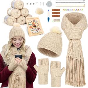 Katech Beginner Knitting Kit – Learn to Knit Kit for Adults & Kids – Complete Hat, Scarf, Gloves Starter Kit with Step-by-Step Instructions(light khaki)