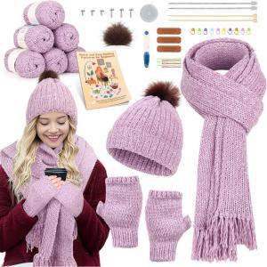 Katech Beginner Knitting Kit – Learn to Knit Kit for Adults & Kids – Complete Hat, Scarf, Gloves Starter Kit with Step-by-Step Instructions(purple)