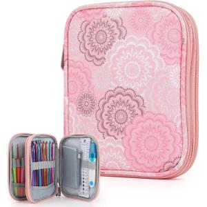 Katech Crochet Hook Case-Empty Zipper Bags Portable Travel Crochet Storage Bag Organizer with Web Pocket and Crochet Hook Holder Slots for Carrying Crochet Needles (Up to 7”)