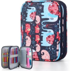 Katech Crochet Hooks Case – Portable Travel Storage Bag with Zipper, Web Pocket, and Holder Slots for Various Crochet Needles (Blue)(Elephant Pattern)
