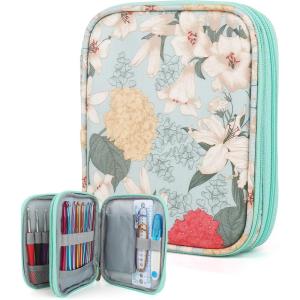 Katech Crochet Hooks Case – Portable Travel Storage Bag with Zipper, Web Pocket, and Holder Slots for Various Crochet Needles (Blue)(Light Blue)