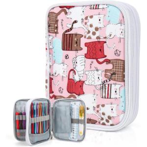 Katech Crochet Hooks Case – Portable Travel Storage Bag with Zipper, Web Pocket, and Holder Slots for Various Crochet Needles (Blue)(Pink Cat)