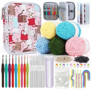 Katech Crochet Hooks Kit with Case, 85-Piece Crochet Hooks Set, Ergonomic Crochet Hook Crochet Needles Weave Yarn Kits DIY Hand Knitting Art Tools for Beginners and Experienced Lovers(Pink with yarn)