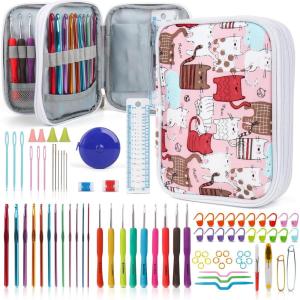 Katech Crochet Hooks Kit with Case, 85-Piece Crochet Hooks Set, Ergonomic Crochet Hook Crochet Needles Weave Yarn Kits DIY Hand Knitting Art Tools for Beginners and Experienced Lovers(Cats Pattern)