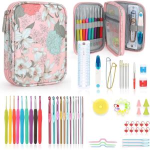 Katech Crochet Hooks Kit with Case, 85-Piece Crochet Hooks Set, Ergonomic Crochet Hook Crochet Needles Weave Yarn Kits DIY Hand Knitting Art Tools for Beginners and Experienced Lovers(Flowers Pattern)