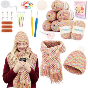 Katech Crochet Kit for Beginner-Crochet Kit for Adults – Complete Set Learn to Crochet Hat, Scarf, Knitting Starter Kit with Step-by-Step Instructions 6 Crocheting Yarn (Blue)(macaron)