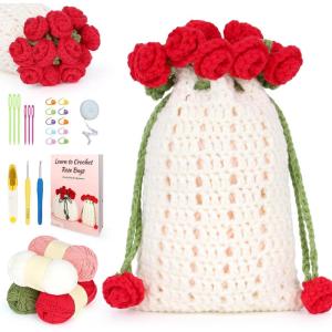Katech Crochet Kit for Beginners Adults – Coin Purse Crochet Kit with Step-by-Step Instructions, Premium Yarn, Hook & Supplies – Learn-to-Crochet Small Bag, Wallet or Creative Gift(white-red rose)
