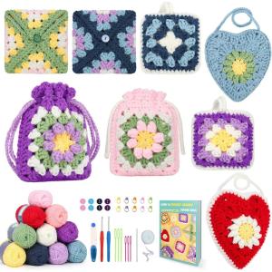 Katech Crochet Kit for Beginners Adults – Coin Purse Crochet Kit with Step-by-Step Instructions, Premium Yarn, Hook & Supplies – Learn-to-Crochet Small Bag, Wallet or Creative Gift(granny square flower)