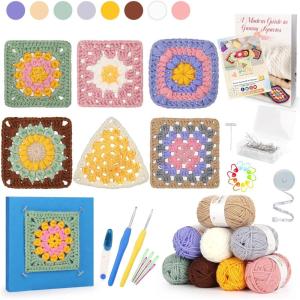 Katech Crochet Kit for Beginners Adults & Kids-Learn to Crochet Granny Square Kit with Step-by-Step Video-Enough Yarn for Crocheting-Crochet Blocking Mat and All Accessories You Need(Grp-C)