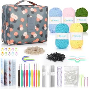 Katech Crochet Kit for Beginners, Beginner Crochet Kit for Adults-Crochet Kits Includes Crochet Hooks Knitting Bag Crochet Yarn for Crocheting Instruction Knitting Kit Crochet Supplies Gift(Little Blue Flower)