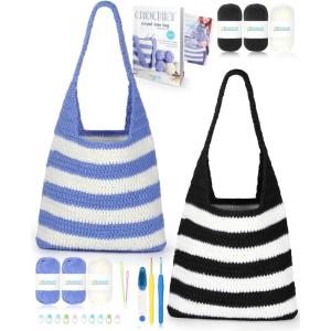 Katech Crochet Kit for Beginners, Striped Tote Bag Crochets Set Includes Yarn Crochet Hooks, Complete Crochets Step-by-Step Guide Needles Accessories Adults Crocheted Starter Kit Crocheter Gift(Black and Bule)