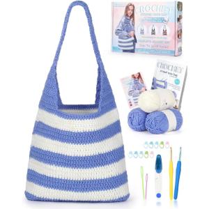 Katech Crochet Kit for Beginners, Striped Tote Bag Crochets Set Includes Yarn Crochet Hooks, Complete Crochets Step-by-Step Guide Needles Accessories Adults Crocheted Starter Kit Crocheter Gift(Blue White)