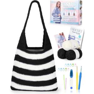 Katech Crochet Kit for Beginners, Striped Tote Bag Crochets Set Includes Yarn Crochet Hooks, Complete Crochets Step-by-Step Guide Needles Accessories Adults Crocheted Starter Kit Crocheter Gift(Black White)