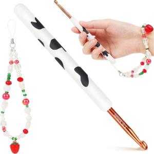 Katech Ergonomic Crochet Hook, Aluminum Soft Grip Crochet Hooks for Beginners and Arthritic Hands, Soft Clay Crochet Needle with Cow Motif and Bead Chain-Ideal Gift for Crocheter (8.0mm)(5.5mm)