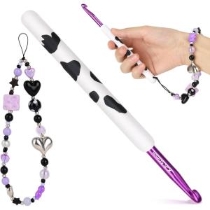 Katech Ergonomic Crochet Hook, Aluminum Soft Grip Crochet Hooks for Beginners and Arthritic Hands, Soft Clay Crochet Needle with Cow Motif and Bead Chain-Ideal Gift for Crocheter (8.0mm)(6.5mm)
